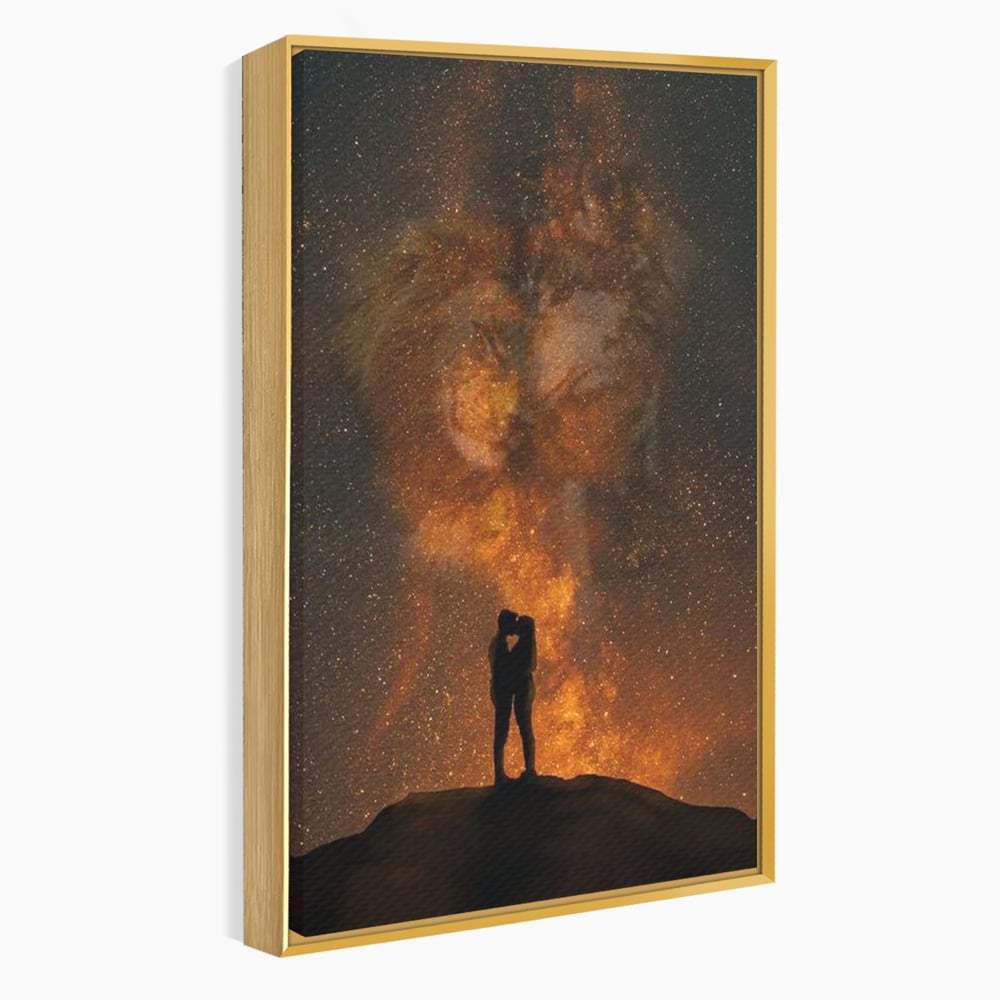 Tablou canvas cu tablou canvas cu siluete de indragostiti si constelatii, in rama de aluminiu auriu